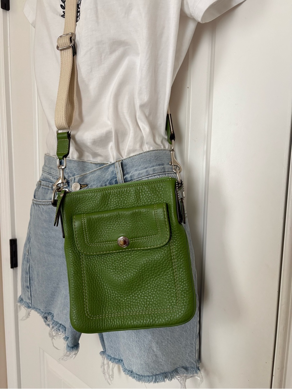 Coach Green Pebbled Leather Crossbody with Contrast Strap
